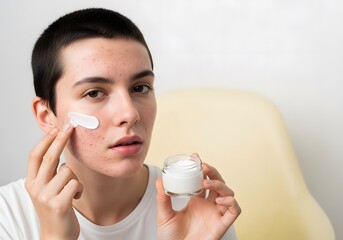 Young Person with Acne Applying White Skincare Cream to Cheek Looking Directly at Camera Indoors