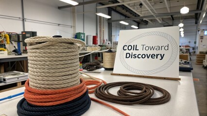 Colorful Coiled Ropes and Fiber Materials on Workshop Table with Sign Promoting Discovery and Learning in Innovation Space