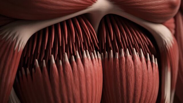 Close-up 3D animation of human pectoral muscles in action, ideal for medical, fitness, and biology studies.