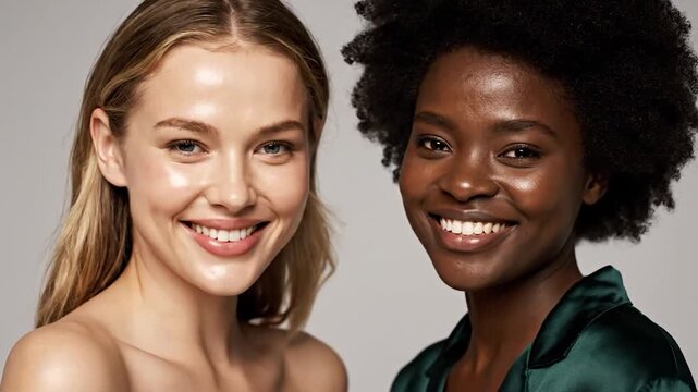 Two diverse women with glowing skin smile, one with blonde hair, the other with curly black hair