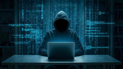 Mysterious hooded hacker works on laptop in a dark server room surrounded by binary code