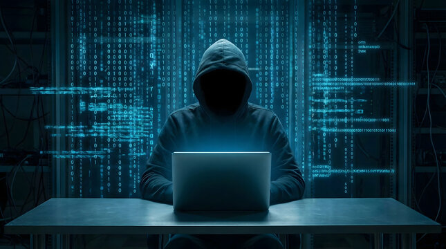 Mysterious hooded hacker works on laptop in a dark server room surrounded by binary code - Powered by Adobe