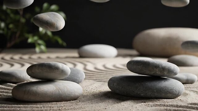 Smooth, gray and white zen stones gracefully float and balance above a raked sand garden, suggesting tranquility and levitation.
