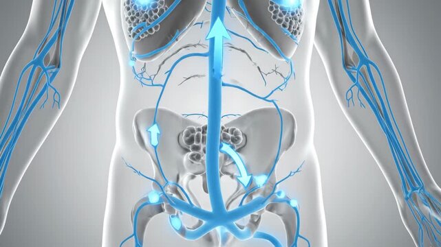 3D animation of human lymphatic system, showing lymph vessels, nodes, and fluid flow. Vital for medical studies.