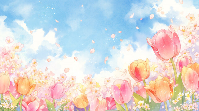 春の陽光の中、桜とチューリップが揺れる草原の風景。透明感あふれる水彩タッチで、動画やブログ、SNSにも使える美しい背景素材