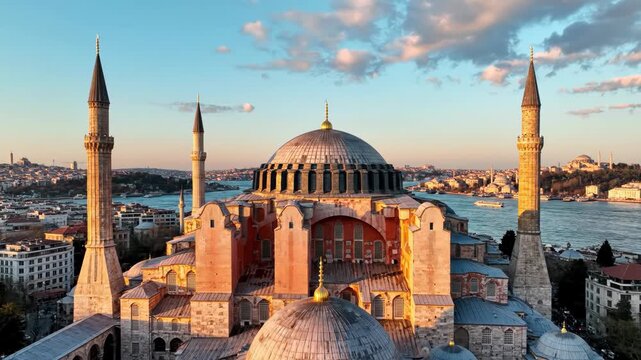 Hagia sophia mosque in istanbul turkey with bosphorus strait and cityscape 4k video