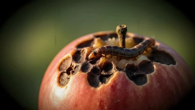 Close-up Video of Caterpillar Crawling on a Ripe Red Apple in Nature