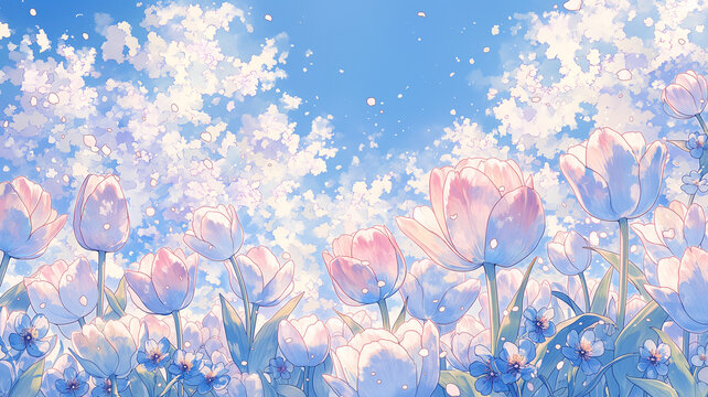 桜とチューリップのコントラストが美しい春の花風景。広がる青空と雲が季節感を高める、水彩画調の明るい背景イラスト素材