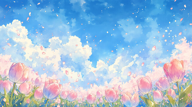 春の空気感が伝わる青空と桜、チューリップの花畑を描いた水彩風イラスト。サムネイル・季節イベントのビジュアルにも対応