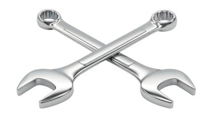 Two Silver Metal Combination Wrenches Crossed Product Shot isolated PNG with Transparent Background