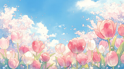 Naklejka premium 澄んだ空と咲き誇るチューリップ、舞い落ちる桜が春らしさを演出する水彩風の風景イラスト。Vlogやバナー素材としても活用できる1枚