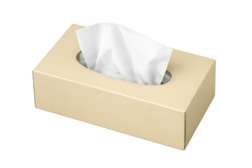 Tissue box pulling out white facial paper handkerchiefs for hygiene, cold, flu, allergies, and cleaning with transparent background