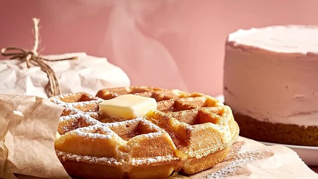 A delectable golden-brown waffle, freshly baked and still steaming, is elegantly presented with a melting pat of butter and a delicate dusting of powdered sugar. Golden syrup generously drips down the