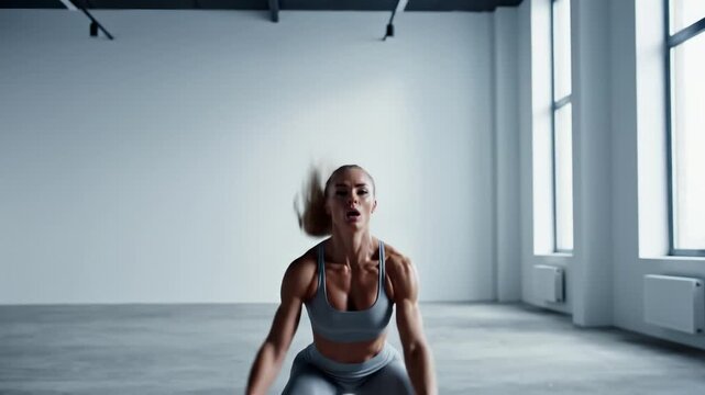 Athletic Woman Performing Jumping Jacks in Gym