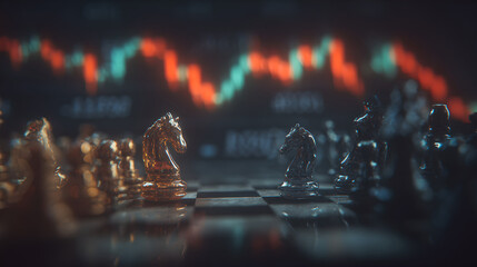 Digital Holographic Chess Pieces Standing On Reflective Square Board In Glowing Cyberpunk City
