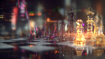 Digital Holographic Chess Pieces Standing On Reflective Square Board In Glowing Cyberpunk City