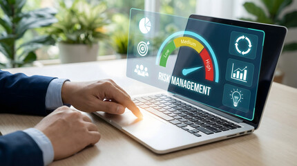 Businessman analyzing risk management data on a modern laptop with a holographic display in a bright