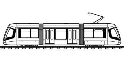 Modern train vehicle illustration on railway tracks in a technical drawing style from a side viewpoint