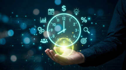 Hand holds a glowing digital clock with business and management icons on a dark technology backgroun