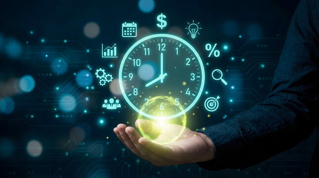 Hand holds a glowing digital clock with business and management icons on a dark technology backgroun - Powered by Adobe