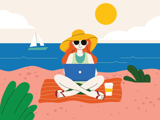 A woman using a laptop on a beach by the sea. Minimalist illustration symbolizing digital nomad