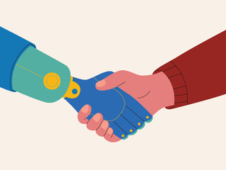A handshake between a mechanical robotic hand and a human hand. Minimalist illustration symbolizing integration of artificial intelligence and humans
