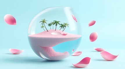 Surreal Wine Glass Tropical Island Concept on Pastel Background