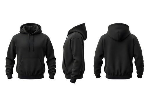 Blank Black Hoodie Template, Front Side and Back View, Long Sleeve Hoodie Sweatshirt Mockup Isolated on White Background