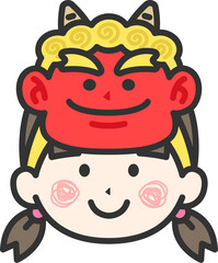 赤鬼のお面をつけた、女の子のアイコン（線画カラー）のイラスト
