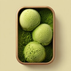 Premium matcha green tea ice cream scoops in a gold tin box with authentic matcha powder 