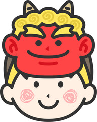 赤鬼のお面をつけた、男の子のアイコン（線画カラー）のイラスト