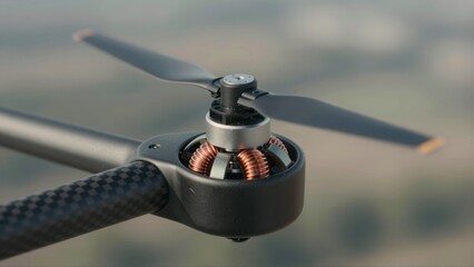 Obraz premium Close up on drone motor and propeller with carbon fiber arm technology