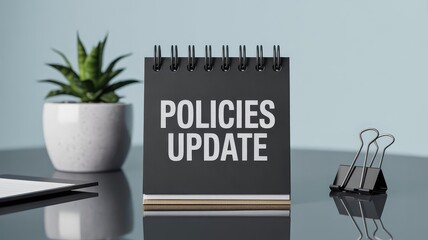 Small desk calendar sign clearly displays the words policies update in bold white lettering against a dark background symbolizing important business announcements