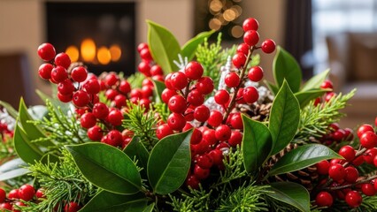 Festive centerpiece of red berries, pine needles, and greenery with a blurred fireplace background