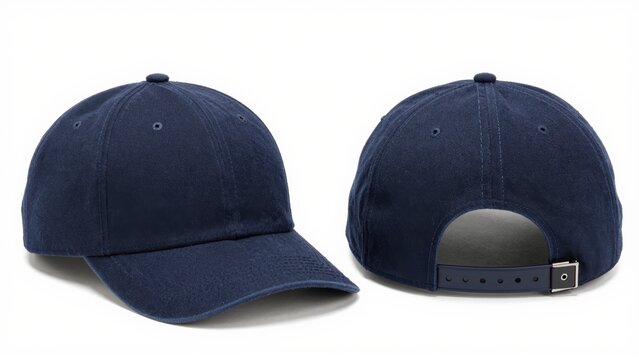 Two views of a plain navy blue baseball cap displayed side by side navy blue cap