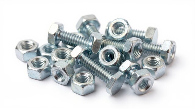 Pile of metal bolts and nuts common industrial hardware fasteners made of steel