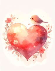 ルノルマンカード「ハート」大きなハートと小鳥の水彩画イラスト
Lenormand Heart &ndash; Big Heart and Cute Bird Watercolor Illustration