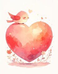 ルノルマンカード「ハート」大きなハートと小鳥の水彩画イラスト
Lenormand Heart &ndash; Big Heart and Cute Bird Watercolor Illustration