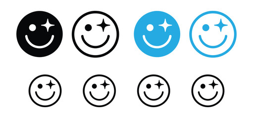 Wink smile icon set. Sparkle face symbol collection. Happy emoji vector logo template.Smile icon set. Happy face symbol collection. Positive emotion vector logo template.
