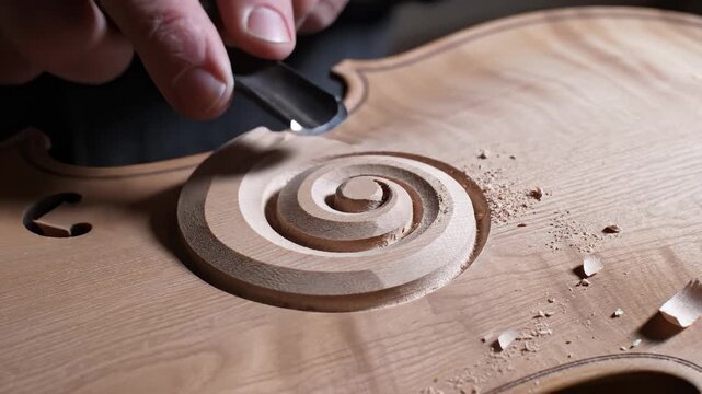 Craftsman Carving Scroll Headstock Detail on Wooden Violin With Gouge