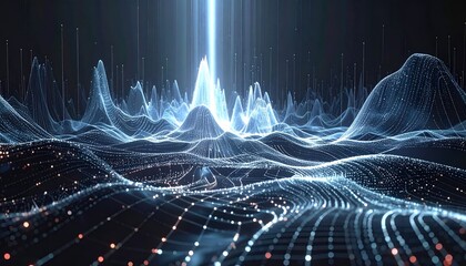 Abstract digital landscape with glowing data lines, light beams emanating