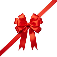 Red satin gift bow with ribbon, isolated on transparent background