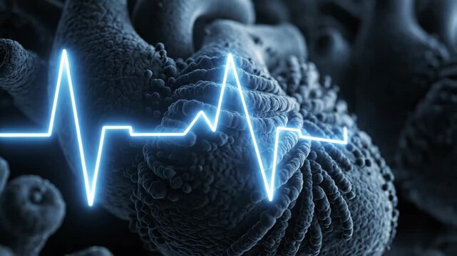 Microscopic organic structures with blue ECG heartbeat line. Symbolizes health, medical research, and vital signs.