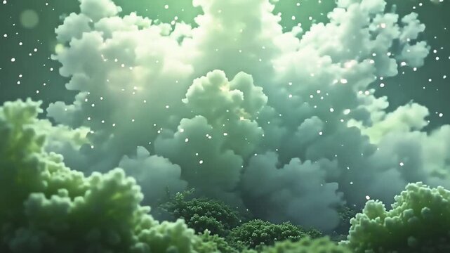 A shimmer builds slowly before bursting into energy that causes soft hues to explode pastel cloud fade along a peaceful green background.