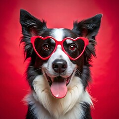 Border collie dog wearing red heart-shaped glasses on red background