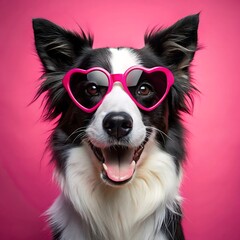 Border collie dog wearing pink heart-shaped glasses on pink background