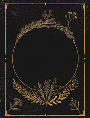 black and gold celestial card with a blank space in the middle, herbs and flowers bordering the frame, a simple design, a clean aesthetic, a minimalistic design, and high contrast.