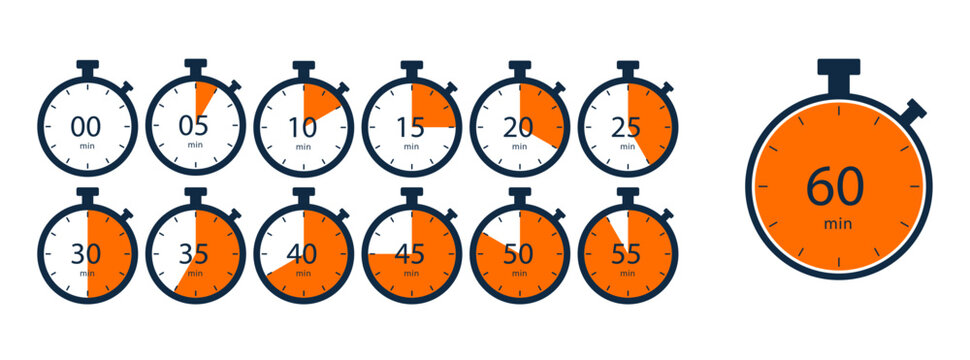 Stopwatch timer icon set with 5 minute intervals. Countdown clock vector symbols in navy and orange isolated on white.