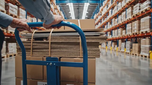 Person moves boxes with hand truck in a storage warehouse