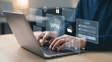 Person typing on laptop with virtual private network security icons protecting data and online priva